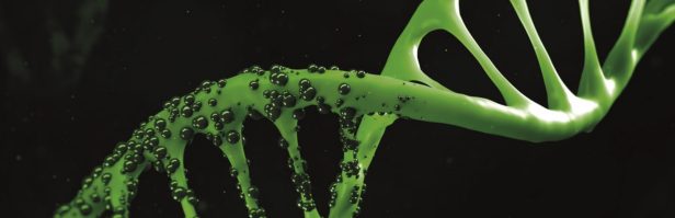 A closeup of a green DNA double helix that is sweating droplets of black oil