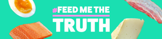'Feed me the Truth' banner with slices of food on it
